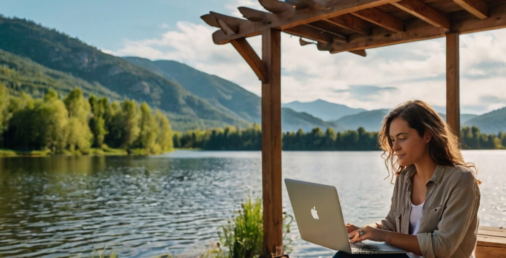 A female sitting looking at a laptop instead of the scenery around her. She is a Digital Nomad
