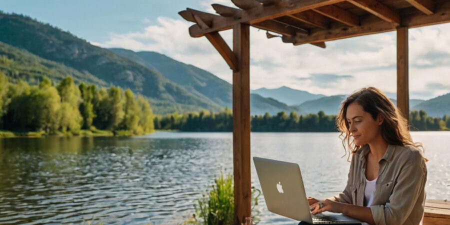 A female sitting looking at a laptop instead of the scenery around her. She is a Digital Nomad