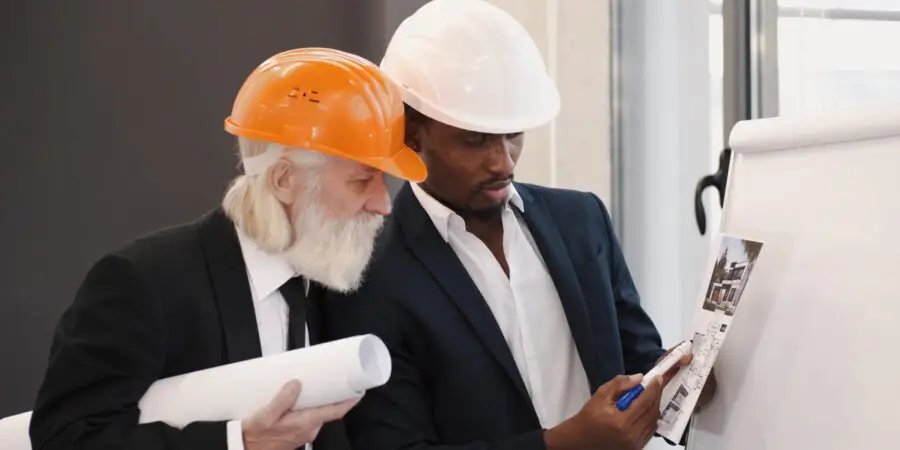senior man looking at house plans with hard hat on